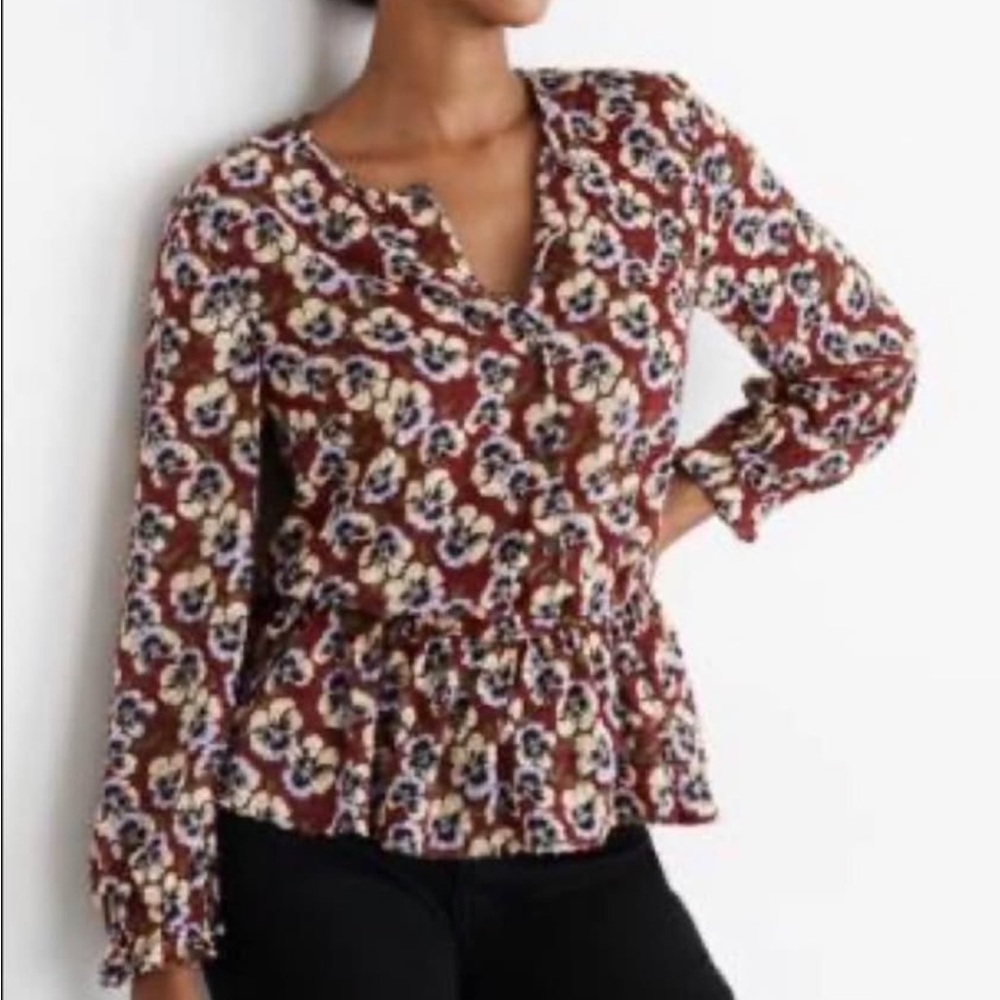 NWT Madewell Drawstring Ruffle-Hem Top in Viola Floral | Size XS